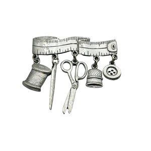 Vintage Signed Jj Seamstress Pin Brooch Measuring Tape Sewing Supplies Charms